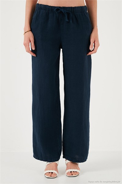 Relaxed Fit Normal Bel Geniş Paça Çİft Cepli Keten Kadın Pantolon 668YP4991 LACİVERT