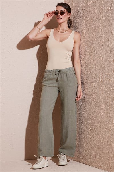 Relaxed Fit Normal Bel Geniş Paça Çİft Cepli Keten Kadın Pantolon 668YP4991 HAKİ
