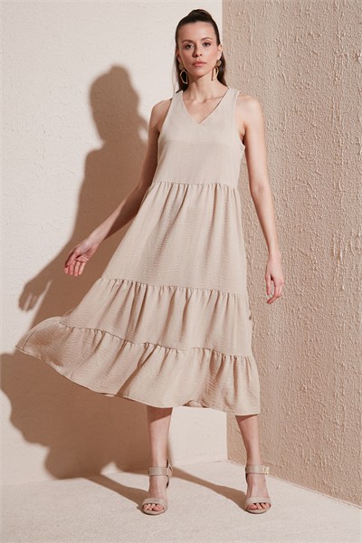 Relaxed Fit V Yaka Volanlı Midi Kadın Elbise 611EL011 BEJ