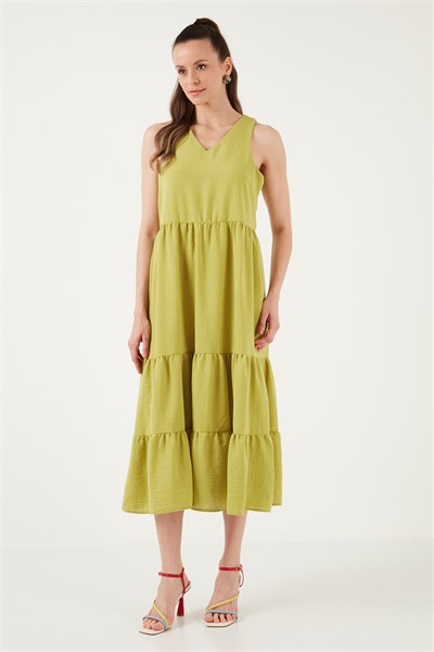 Relaxed Fit V Yaka Volanlı Midi Kadın Elbise 611EL011 SAFRAN