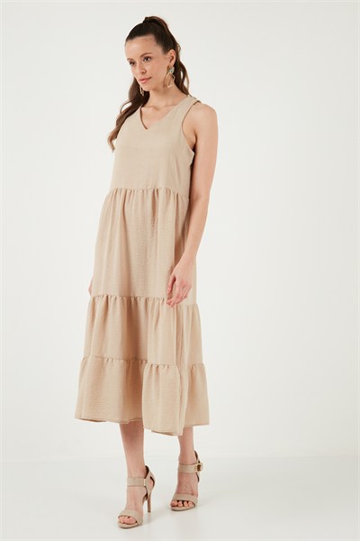 Relaxed Fit V Yaka Volanlı Midi Kadın Elbise 611EL011 BEJ