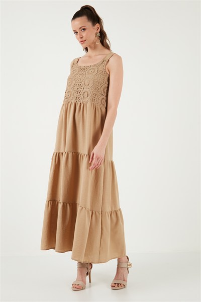 Relaxed Fit Volanlı Uzun Kadın Elbise 611EL010 VİZON