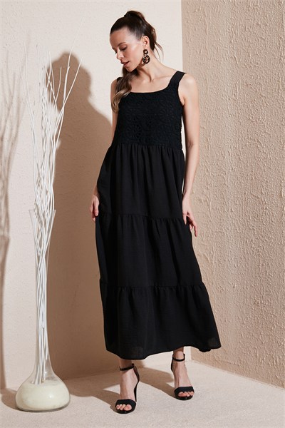 Relaxed Fit Volanlı Uzun Kadın Elbise 611EL010 SİYAH