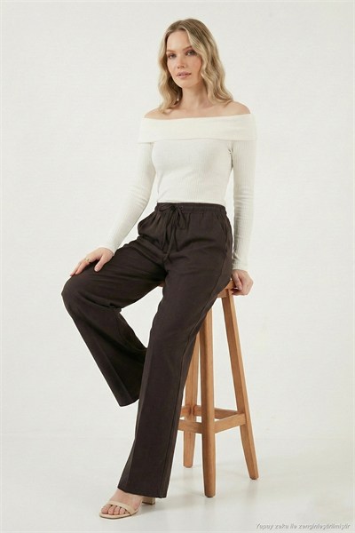 Relaxed Fit Yüksek Bel Bol Paça Bağlamalı Kadın Pantolon 6923874 KAHVE