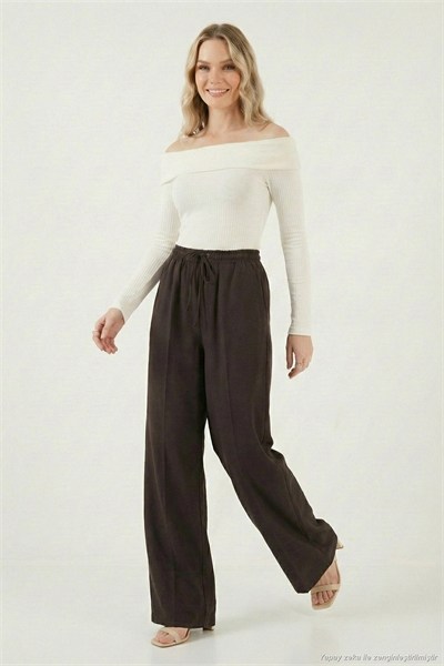 Relaxed Fit Yüksek Bel Bol Paça Bağlamalı Kadın Pantolon 6923874 KAHVE
