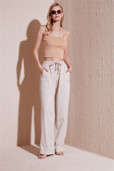 Relaxed Fit Yüksek Bel Bol Paça Kadın Pantolon 668YP5040 TAŞ