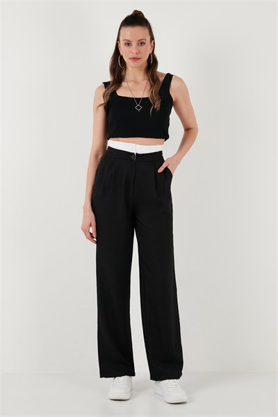 Relaxed Fit Yüksek Bel Bol Paça Kadın Pantolon 673P1012 SİYAH