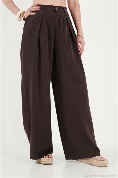 Relaxed Fit Yüksek Bel Geniş Paça Kadın Pantolon 668YP5515 KAHVE