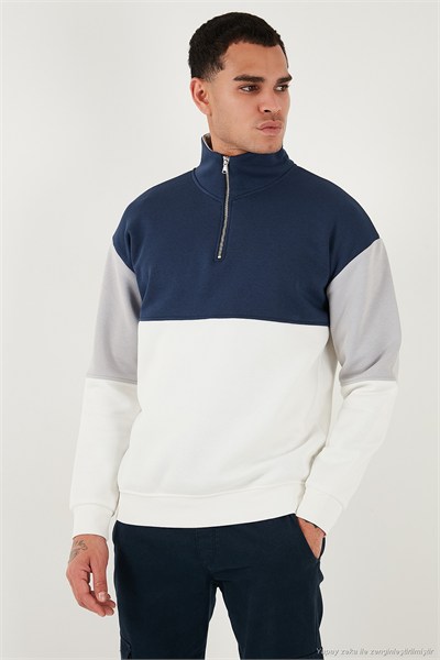 Renk Bloklu Regular Fit Yarım Fermuarlı Dik Yaka Erkek Sweat 5905719 EKRU