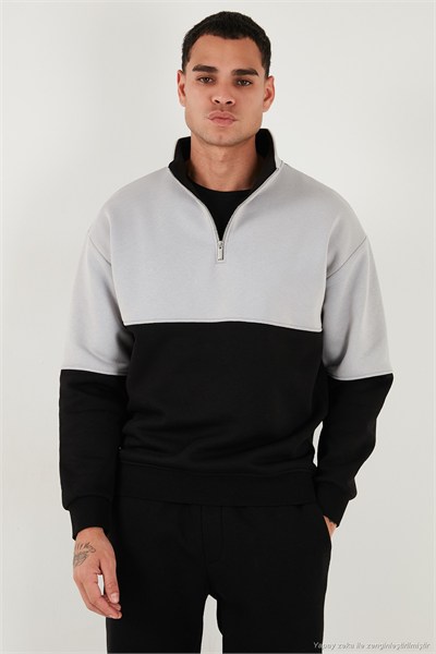 Renk Bloklu Regular Fit Yarım Fermuarlı Dik Yaka Erkek Sweat 5905719 SİYAH