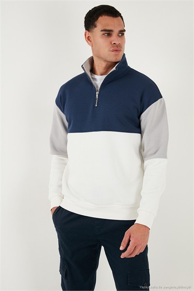 Renk Bloklu Regular Fit Yarım Fermuarlı Dik Yaka Erkek Sweat 5905719 EKRU