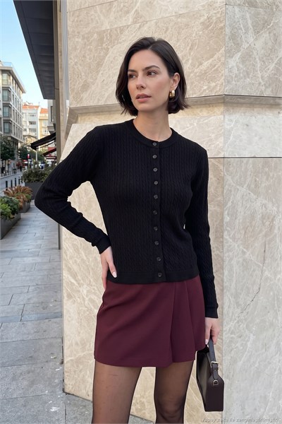 Saç Örgülü Bisiklet Yaka Düğmeli Triko Kadın Hırka 4617061 SİYAH