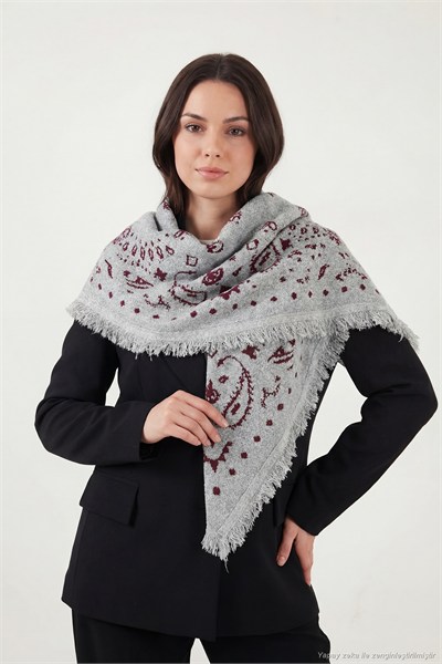 Saçaklı Etnik Desenli 100 x 100 cm Kadın Şal 6941302 GRİ-BORDO