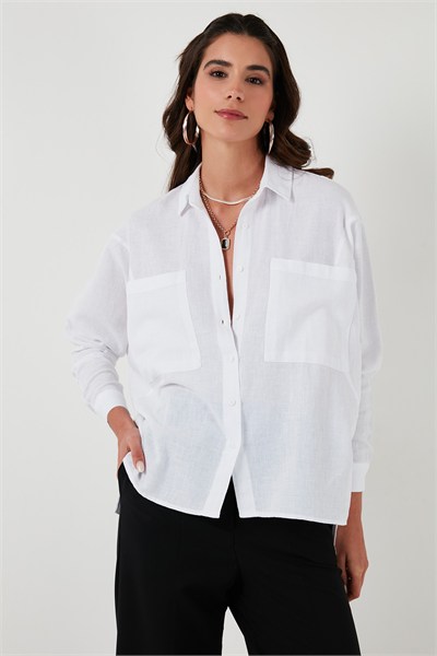 Sırt Pencere Detaylı Çift Cepli % 100 Pamuk Relaxed Fit Kadın Gömlek 51444591 BEYAZ