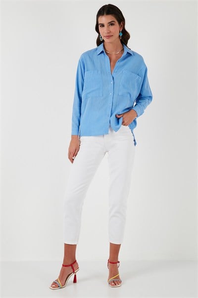 Sırt Pencere Detaylı Çift Cepli % 100 Pamuk Relaxed Fit Kadın Gömlek 51444592 AÇIK MAVİ