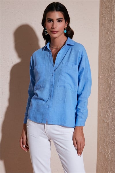 Sırt Pencere Detaylı Çift Cepli % 100 Pamuk Relaxed Fit Kadın Gömlek 51444592 AÇIK MAVİ