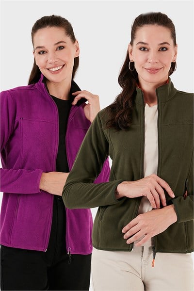 Slim Fit Anti-Pilling Tüylenme Yapmayan Fermuarlı Cepli Hırka 2 li Paket Kadın Polar 5907002S2 Mor-Haki