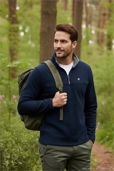 Slim Fit Anti-Pilling Tüylenme Yapmayan Bato Yaka Soğuk Geçirmez Şardonlu Erkek Polar 5906001 LACİVERT