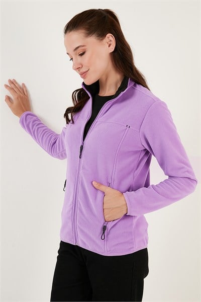 Slim Fit Anti-Pilling Tüylenme Yapmayan Fermuarlı Cepli  Hırka Kadın Polar 5907002 LİLA