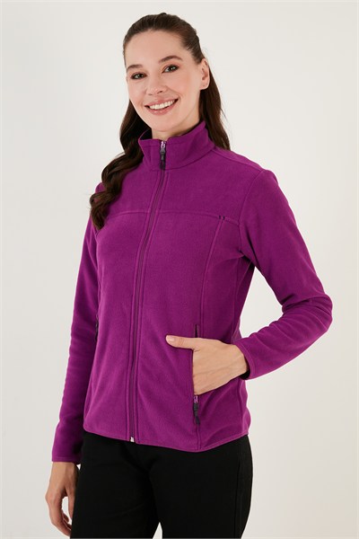 Slim Fit Anti-Pilling Tüylenme Yapmayan Fermuarlı Cepli  Hırka Kadın Polar 5907002 MOR