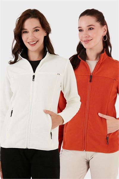 Slim Fit Anti-Pilling Tüylenme Yapmayan Fermuarlı Cepli Hırka 2 li Paket Kadın Polar 5907002S2 EKRU-ORANGE