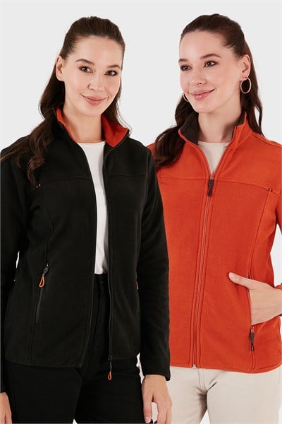 Slim Fit Anti-Pilling Tüylenme Yapmayan Fermuarlı Cepli Hırka 2 li Paket Kadın Polar 5907002S2 SİYAH-ORANGE