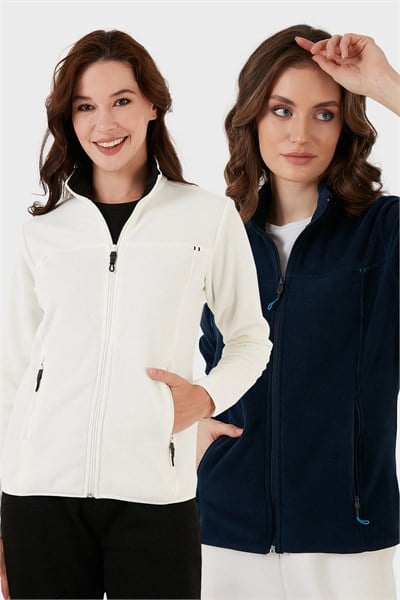 Slim Fit Anti-Pilling Tüylenme Yapmayan Fermuarlı Cepli Hırka 2 li Paket Kadın Polar 5907002S2 EKRU-LACİVERT