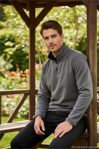 Slim Fit Anti-Pilling Tüylenme Yapmayan Bato Yaka Soğuk Geçirmez Şardonlu Erkek Polar 5906001 Antrasit-Antrasit