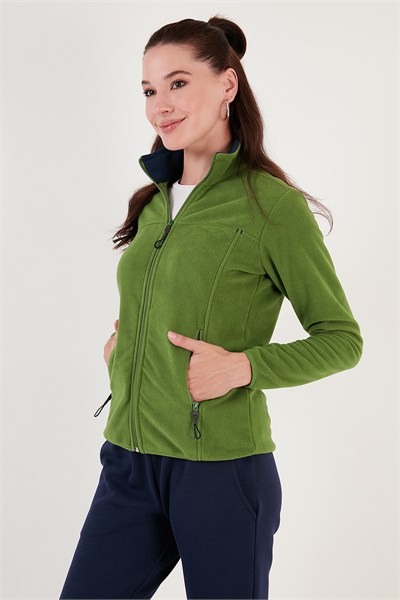 Slim Fit Anti-Pilling Tüylenme Yapmayan Fermuarlı Cepli  Hırka Kadın Polar 5907002 FISTIK YEŞİL