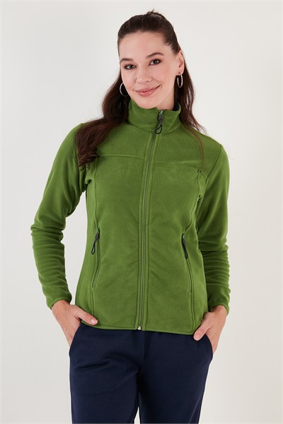 Slim Fit Anti-Pilling Tüylenme Yapmayan Fermuarlı Cepli  Hırka Kadın Polar 5907002 FISTIK YEŞİL