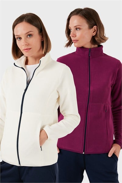 Slim Fit Anti-Pilling Tüylenme Yapmayan Fermuarlı 2li Paket Polar Kadın Hırka 5907012S2 EKRU-MOR