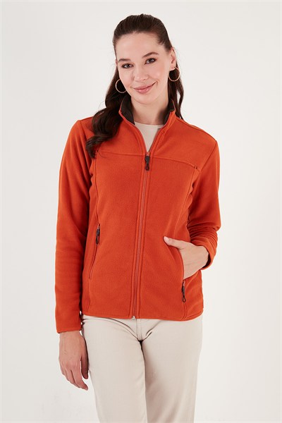 Slim Fit Anti-Pilling Tüylenme Yapmayan Fermuarlı Cepli  Hırka Kadın Polar 5907002 ORANGE