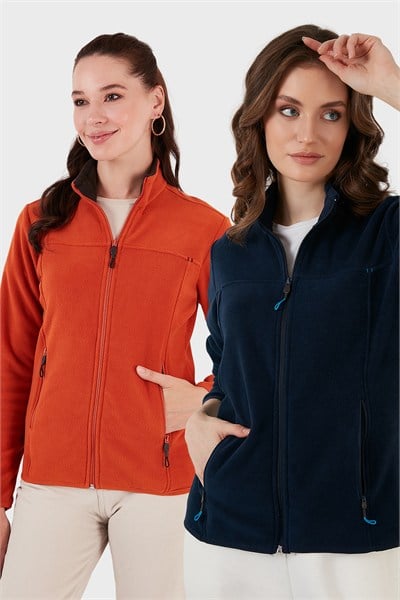 Slim Fit Anti-Pilling Tüylenme Yapmayan Fermuarlı Cepli Hırka 2 li Paket Kadın Polar 5907002S2 LACİVERT-ORANJ
