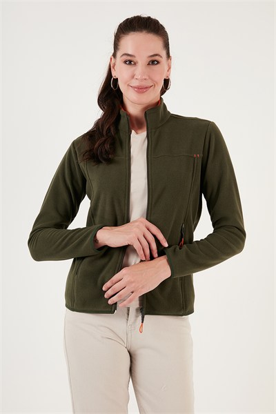 Slim Fit Anti-Pilling Tüylenme Yapmayan Fermuarlı Cepli  Hırka Kadın Polar 5907002 HAKİ