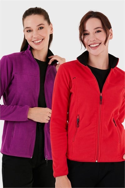 Slim Fit Anti-Pilling Tüylenme Yapmayan Fermuarlı Cepli Hırka 2 li Paket Kadın Polar 5907002S2 KIRMIZI-MOR