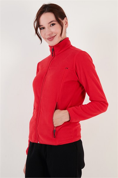 Slim Fit Anti-Pilling Tüylenme Yapmayan Fermuarlı Cepli  Hırka Kadın Polar 5907002 KIRMIZI