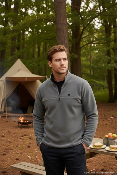 Slim Fit Anti-Pilling Tüylenme Yapmayan Bato Yaka Soğuk Geçirmez Şardonlu Erkek Polar 5906001 GRİ