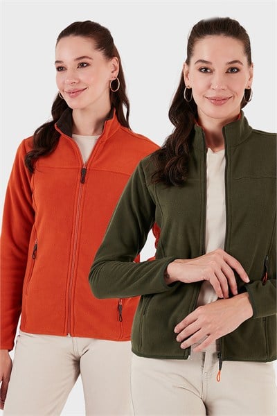 Slim Fit Anti-Pilling Tüylenme Yapmayan Fermuarlı Cepli Hırka 2 li Paket Kadın Polar 5907002S2 Haki-Oranj