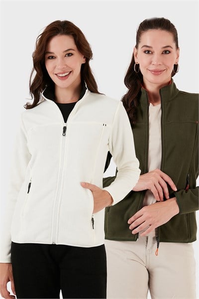 Slim Fit Anti-Pilling Tüylenme Yapmayan Fermuarlı Cepli Hırka 2 li Paket Kadın Polar 5907002S2 Ekru-Haki