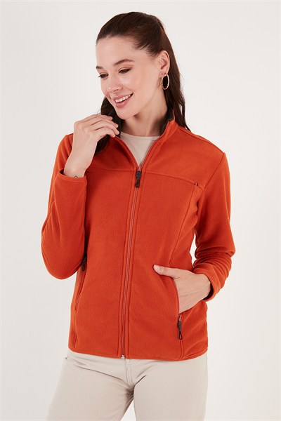 Slim Fit Anti-Pilling Tüylenme Yapmayan Fermuarlı Cepli  Hırka Kadın Polar 5907002 ORANGE