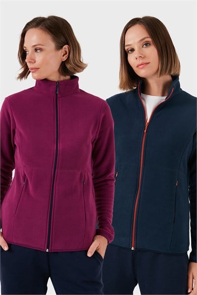 Slim Fit Anti-Pilling Tüylenme Yapmayan Fermuarlı 2li Paket Polar Kadın Hırka 5907012S2 LACİVERT-MOR