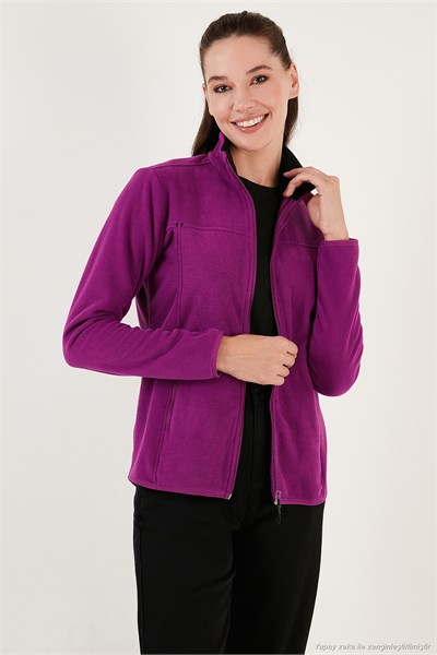 Slim Fit Anti-Pilling Tüylenme Yapmayan Fermuarlı Cepli Hırka 2 li Paket Kadın Polar 5907002S2 Mor-Oranj
