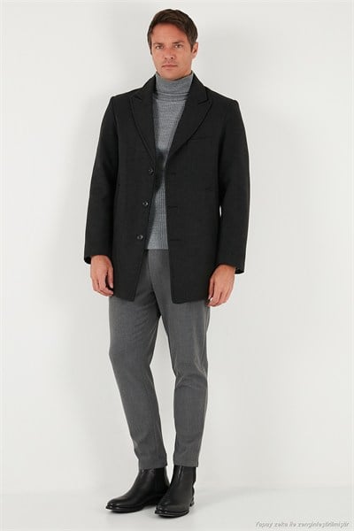 Slim Fit Apaş Yaka Astarlı Kaşe Erkek Kaban 584K1217 FÜME