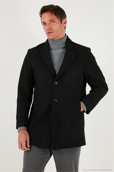 Slim Fit Apaş Yaka Astarlı Kaşe Erkek Kaban 584K1217 SİYAH