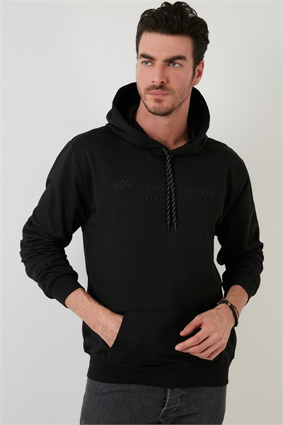 Slim Fit Baskılı Kapüşonlu Kanguru Cepli Pamuklu Erkek Sweat 5414018 SİYAH