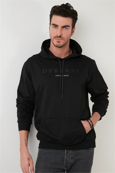 Slim Fit Baskılı Kapüşonlu Kanguru Cepli Pamuklu Erkek Sweat 5414017 SİYAH