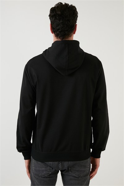 Slim Fit Baskılı Kapüşonlu Kanguru Cepli Pamuklu Erkek Sweat 5414018 SİYAH