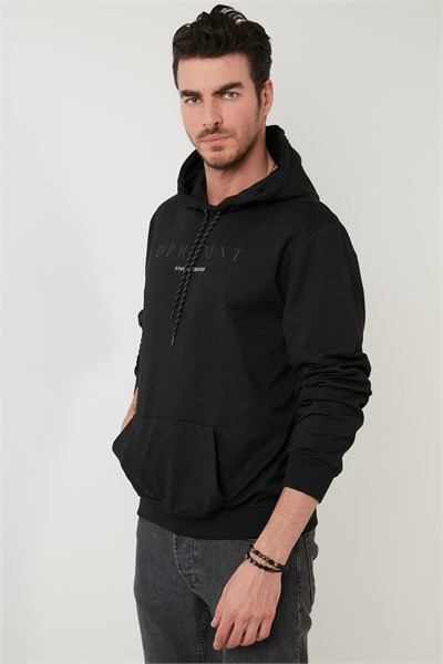 Slim Fit Baskılı Kapüşonlu Kanguru Cepli Pamuklu Erkek Sweat 5414017 SİYAH