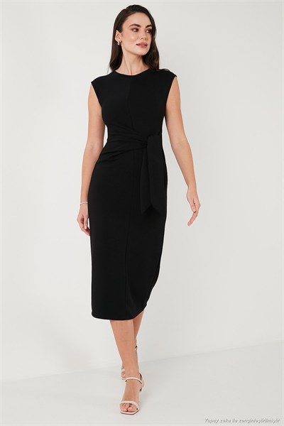Slim Fit Bisiklet Yaka Bağlama Detaylı Midi Kadın Elbise 5866164 SİYAH