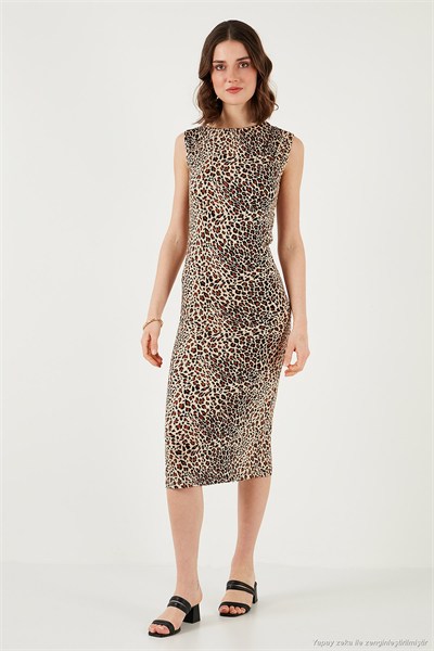 Slim Fit Bisiklet Yaka Kolsuz Midi Boy Kadın Elbise 5866251 LEOPAR
